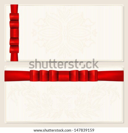 Gift certificate, Voucher, Coupon template with floral pattern, border and red bow (ribbons). Design usable for invitation, ticket. Corrugated background. Vector in Portfolio