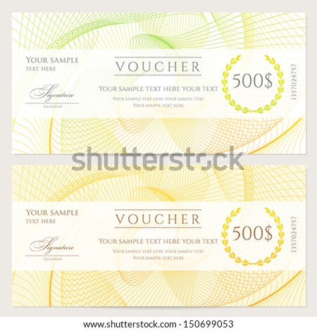 Gift certificate, Voucher, Coupon template with colorful (rainbow) guilloche pattern (watermark). Background for banknote, money design, currency, note, check (cheque), ticket, reward. Vector