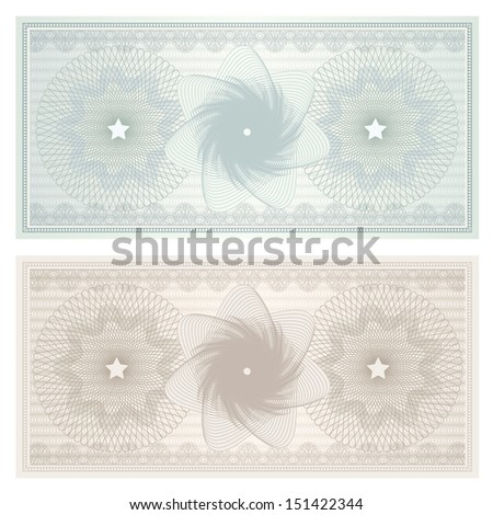 Gift certificate, Voucher, Coupon template with vintage guilloche pattern (watermark). Background for banknote, money design, currency, note, check (cheque), ticket, reward.