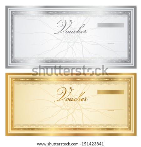 Gift certificate, Voucher, Coupon template with guilloche pattern (watermark). Background for banknote, money design, currency, note, check (cheque), ticket, reward. Silver, gold colors