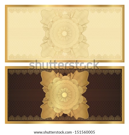 Gift certificate, Voucher, Coupon template with gold guilloche pattern (watermark). Dark brown background for banknote, money design, currency, note, check (cheque), ticket, reward