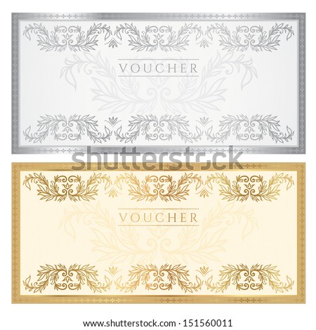 Gift certificate, Voucher, Coupon, ticket template with floral pattern, frame (border). Background for invitation, money design, currency, check (cheque). Gold, silver colors