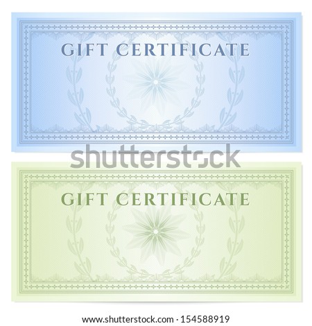Gift certificate, Voucher, Coupon template with guilloche pattern (watermark, spirograph), border. Background for banknote, money design, currency, note, check (cheque), ticket, reward. Blue, green