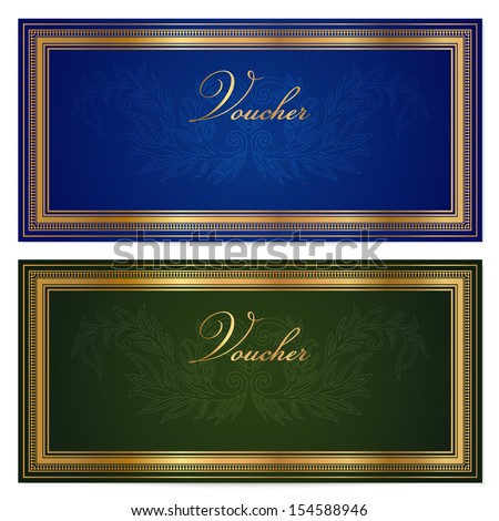 Voucher, Gift certificate, Coupon template with scroll, floral pattern (watermark), frame. Background for banknote, money design, currency, note, check (cheque), ticket, reward. Dark blue, green color