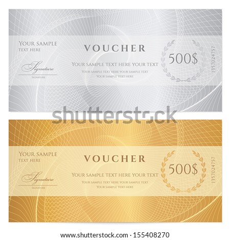 Voucher, Gift certificate, Coupon, ticket template. Guilloche pattern (watermark, spirograph). Background for banknote, money design, currency, bank note, check (cheque), ticket. Gold, silver vector