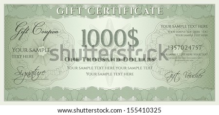 Voucher, Gift certificate, Coupon, ticket template. Guilloche pattern (watermark, spirograph). Background for banknote, money design, currency, bank note, check (cheque), ticket. Green vector