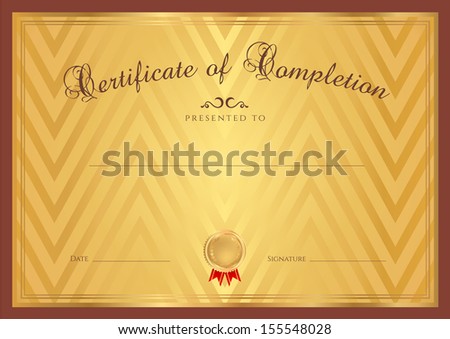 Certificate, Diploma of completion (design template, background) with stripe pattern, medal, red ribbon, frame. Gold Certificate of Achievement, Certificate of education, coupon, award, winner