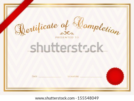 Certificate, Diploma of completion (design template, background) with stripe pattern, wax seal, gold frame. White Certificate of Achievement, Certificate of education, coupon, award, winner