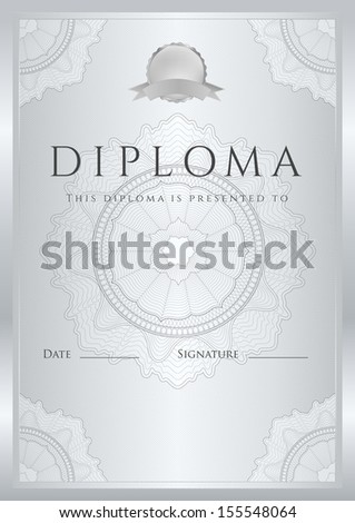 Certificate, Diploma of completion (design template, background) with guilloche pattern (watermark), border, frame. Silver Certificate of Achievement, Certificate of education, coupon, awards, winner