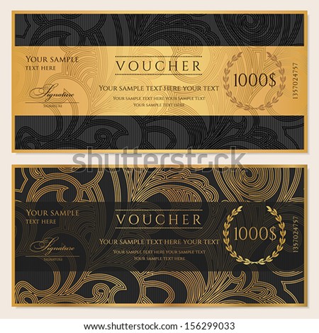 Voucher, Gift certificate, Coupon template. Floral, scroll pattern (bow, frame). Background design for invitation, ticket, banknote, money design, currency, check (cheque). Black, gold vector 