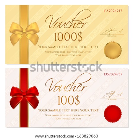 Voucher, Gift certificate, Coupon template with stripe pattern, red and gold bow. Background for invitation, money design, currency, note, check (cheque), ticket, reward. Vector