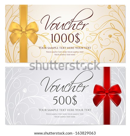 Voucher, Gift certificate, Coupon template with floral scroll pattern, red and gold bow. Background for invitation, money design, currency, note, check (cheque), ticket, reward. Vector