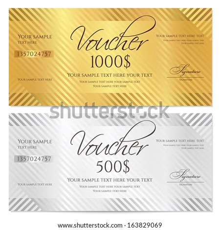 Voucher, Gift certificate, Coupon template with stripe pattern. Gold and silver background for money design, currency, note, check (cheque), ticket, reward. Vector