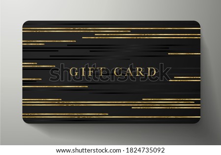 Gift card with gold horizontal glitch lines on black background. Dark vector template useful for any invitation design, shopping card (loyalty), voucher or gift coupon, vip club card