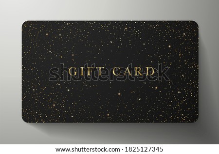 Gift card with twinkling stars and sparkling elements on back background. Vector template for invite design, shopping card (loyalty card), lux voucher or gift coupon