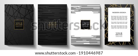 Modern black cover design set. Luxury creative line pattern in premium colors: black, gold and white. Formal vector layout for notebook, business catalog, brochure template, poster