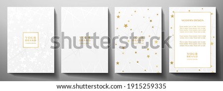 Modern cover, frame design set. Luxury white creative line pattern and golden stars . Vector luxe background for notebook, planner, brochure cover, Christmas invitation (invite)