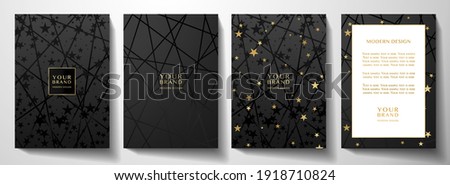Modern black cover, frame design set. Luxury holiday creative line pattern and golden stars. Vector luxe collection background for Christmas invite, planner, notebook, brochure cover, holiday catalog
