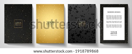 Modern black and gold cover, frame design set. Luxury holiday star pattern with golden stars. Vector luxe  collection background for notebook, holiday invite, Christmas invitation 