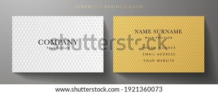 Business card with luxury white and gold triangle pattern (carbon texture). Vector formal premium background template for invitation design, Gift card, voucher or gift coupon invite