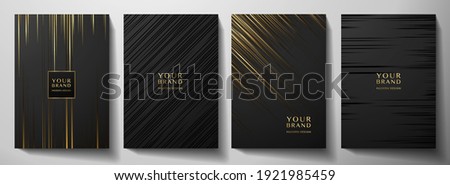 Modern black stripe cover design set. Luxury creative gold dynamic diagonal line pattern. Formal premium vector background for business brochure, poster, notebook, menu template 