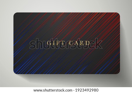 Gift card, business card with diagonal dynamic blue, red lines on back background. Formal dark template for shopping card, invite design