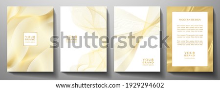 Technology cover background design set. Luxury line pattern (guilloche curves) in premium white, gold. Vector tech backdrop for business layout, digital certificate, formal brochure template, network