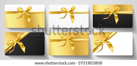 Gift card design collection. Blank template with gold ribbon, satin bow on luxury golden, black and white background with stars. Holiday vector set for gift certificate, voucher, coupon, shopping card