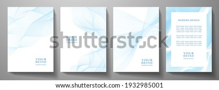 Modern cover design set. Blue, white abstract line pattern (guilloche curves). Creative wavy stripe vector collection for business background, certificate, brochure template, magazine layout