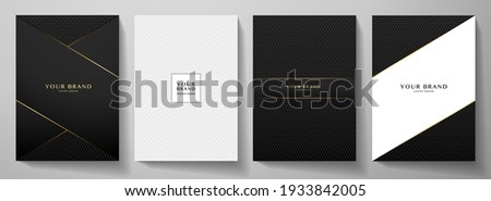 Modern black cover design set. Creative abstract with diagonal line, carbon pattern (triangle texture) on background. Premium vector collection for catalog, brochure template, magazine layout, booklet