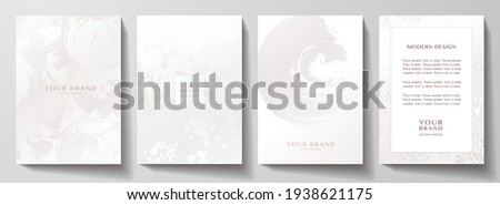 Elegant white cover, frame design set. Fashionable minimal abstract art pattern with paint stroke (brush) on background. Luxury artistic vector collection for beauty catalog, fashion template, wedding