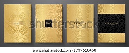 Luxury gold curve pattern cover design set. Elegant floral ornament on golden background. Premium vector collection for rich brochure, luxe invite, royal wedding template