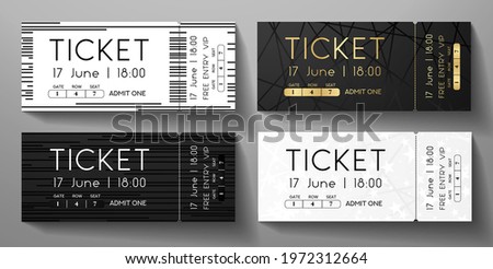 Admission ticket template set. Tear-off (stub) entrance ticket with line, stars on black, white background. Vector design template for concert event, music performance, exhibition, show, raffle