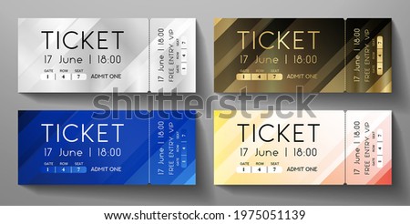 Admission ticket template set. Stripe tear-off (stub) entrance ticket with line pattern background. Vector design template for concert event, music show, performance, exhibition, raffle