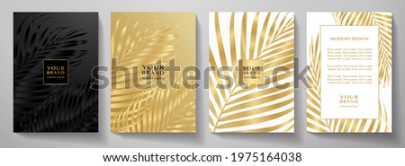 Tropical cover design set with palm branch (golden leaf) print on background. Holiday black and gold exotic pattern for vector floral wedding party card, luxury menu template, summer holiday poster