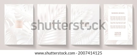 Tropical white cover design set. Floral beauty background with exotic leaf pattern (philodendron). Elegant vector template for wedding invite, brochure layout, spa leaflet, cosmetics backdrop, makeup