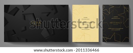 Black star invitation, cover design set. Luxury gold line star pattern background. Premium golden horizontal and vertical vector template for holiday invitation, banner, gift card, gift certificate