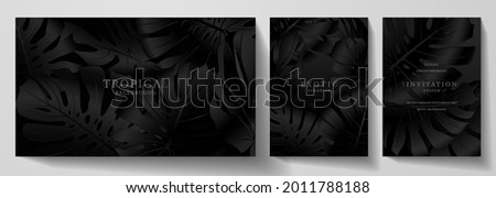 Exotic black banner, cover design set. Floral background with tropical leaf pattern (monstera plant). Premium horizontal, vertical vector template for lux invitation party, luxury voucher, gift card Сток-фото © 