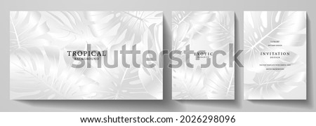 Exotic white banner, cover design set. Floral background with tropical leaf pattern (monstera plant). Platinum horizontal, vertical vector template for lux invitation party, luxury voucher, gift card