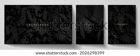 Exotic black banner, cover design set. Floral background with tropical leaf pattern (plant). Premium horizontal, vertical vector template for lux invitation party, luxury voucher, gift card