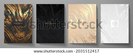 Modern elegant cover design set. Luxury fashionable background with abstract marble pattern in gold, black, silver color. Elite premium vector template for menu, brochure, flyer layout, presentation 商業照片 © 