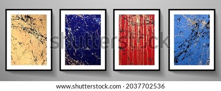 Contemporary painting art poster design set. Digital paint art pattern with gold, black splash, smudge, drops (spot) on red, blue background. Artistic vector collection for wall decor, abstraction pic