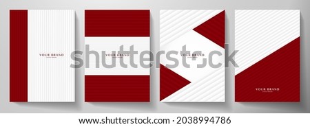 Contemporary red and white cover design set. Maroon color dynamic line pattern (geometric stripe). Vector background for cover notebook, vertical business page, menu template