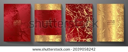 Modern red and gold cover, frame design set. Creative premium abstract with gold marble texture (crack) background. Luxury vector collection for invitation, brochure template, maroon layout a4, luxe Foto stock © 