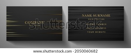 Business card with luxury line pattern in gold, black color on black background. Formal premium template for invitation design, Gift card, voucher or luxe name or credit card
