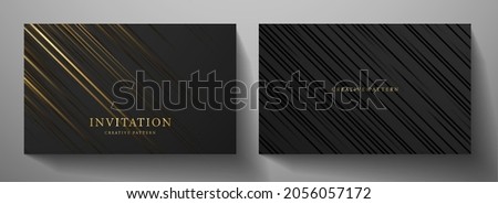 Invitation card with luxury diagonal line pattern in gold, black color on black background. Formal premium template for business card design, Gift card, voucher or luxe name or credit card