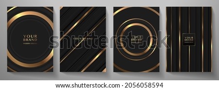 Premium stripe cover design set. Luxury line pattern with metallic gloss in gold, black color. Formal vector background for luxe invite, business brochure, poster, notebook, menu template
