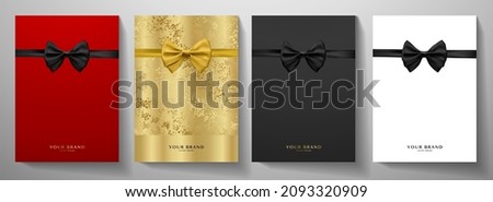 Holiday cover design set. Luxury red, gold, white background with black tie (bow butterfly). Formal premium vector collection template for vip invitation (luxe invite card), gathering, award