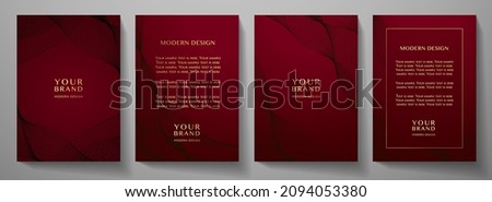 Contemporary technology cover design set. Luxury red background with black line pattern (guilloche curves). Premium vector backdrop for business layout, digital certificate, formal brochure template Foto stock © 