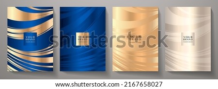 Premium cover design set. Wavy lux background with line pattern (wavy curves). Luxury vector in navy blue, gold colour for business background, sport brochure template, planner, flyer a4, music poster